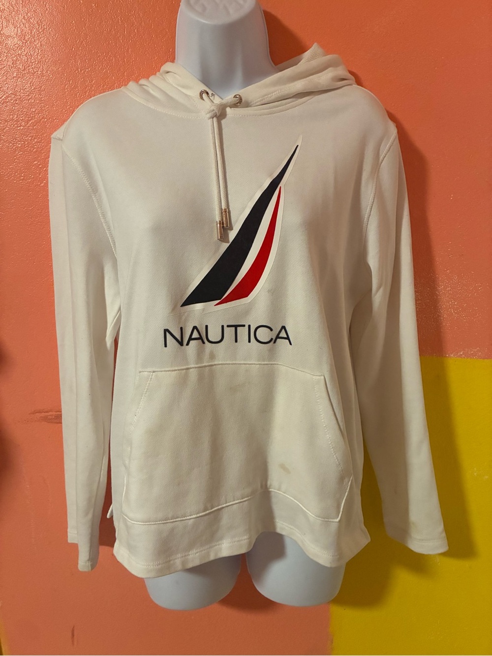 Nautica Cream Pullover Hoodie with Navy and Red Sail Logo